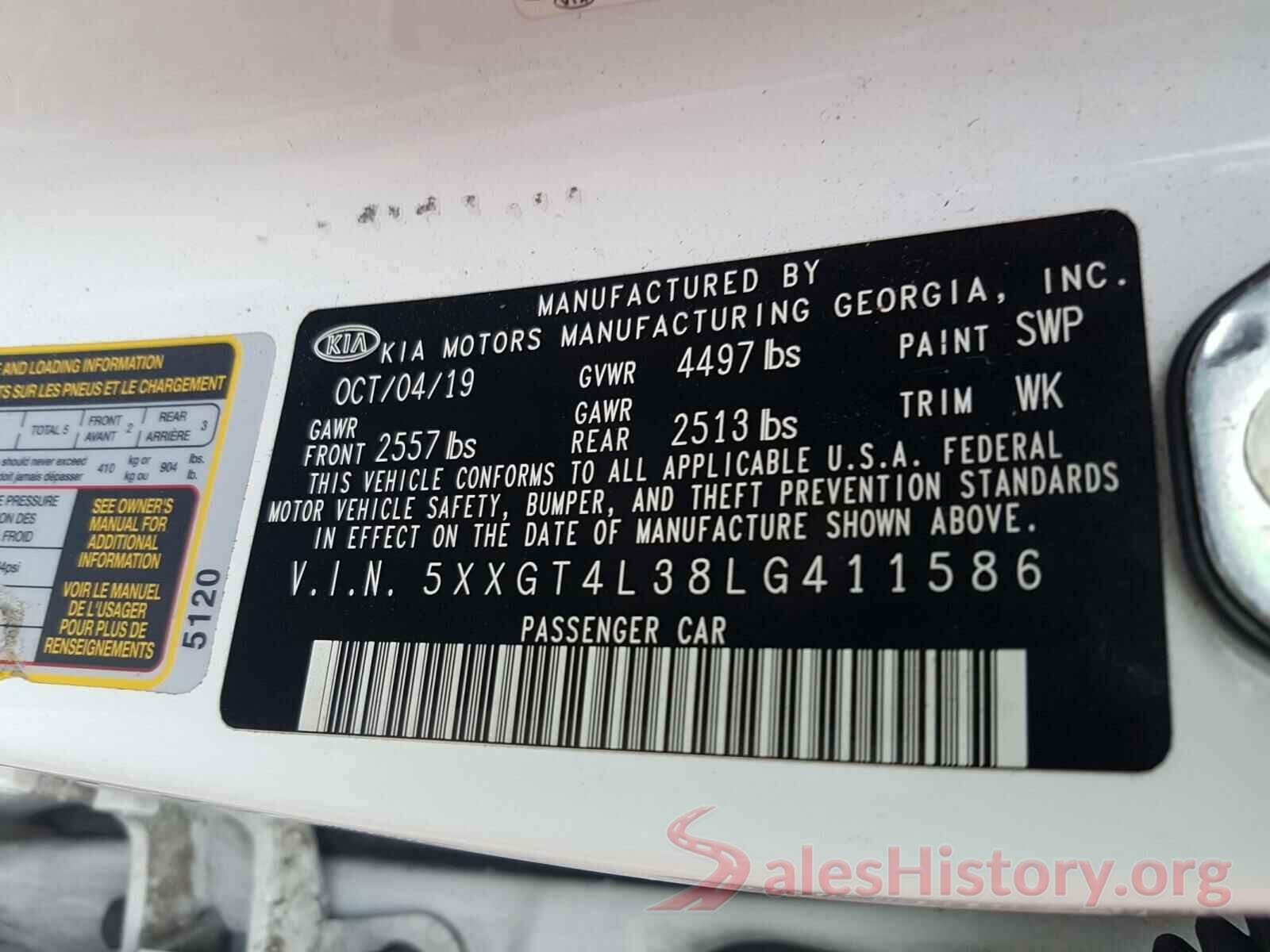 5XXGT4L38LG411586 2020 KIA OPTIMA