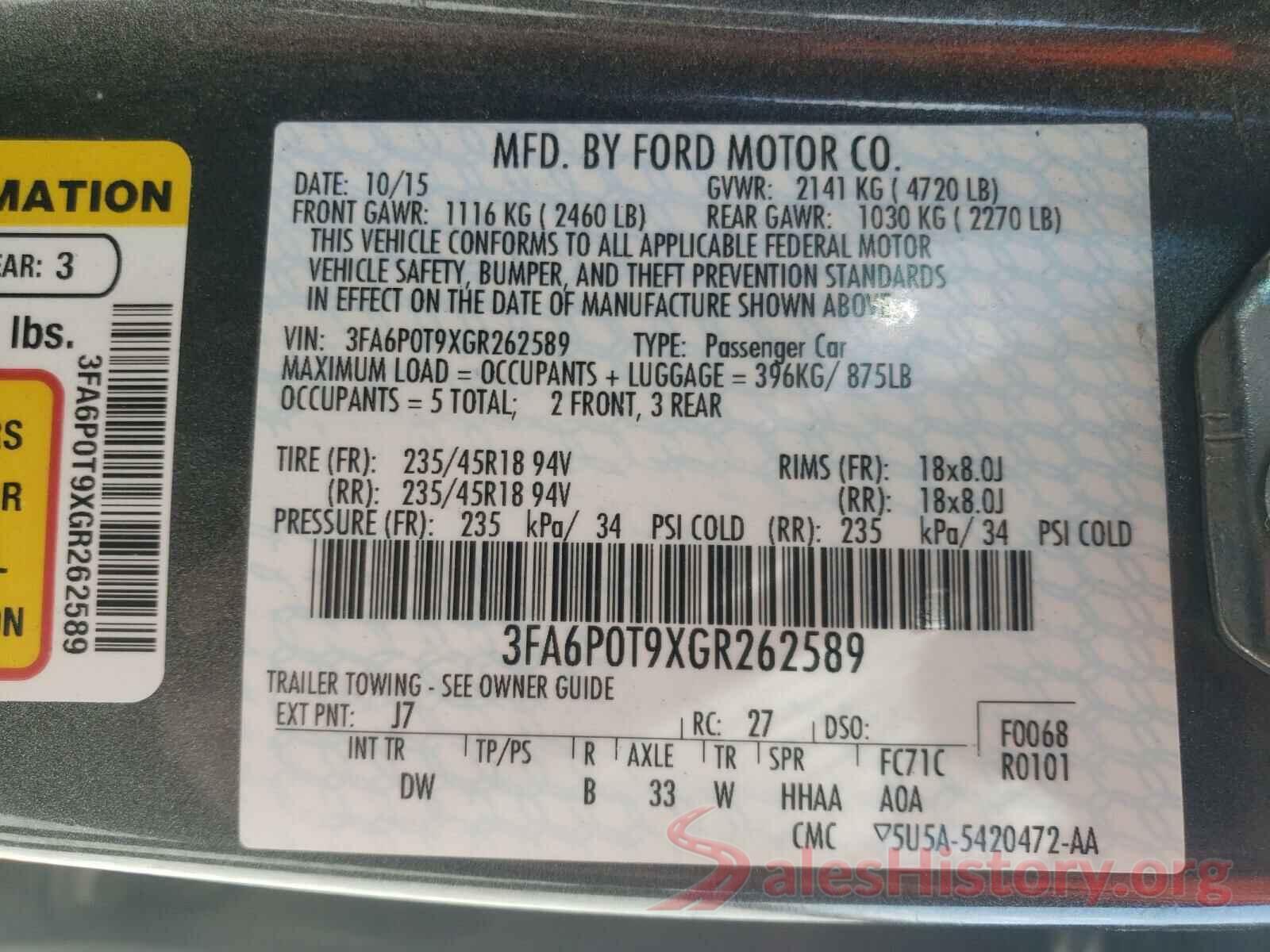 3FA6P0T9XGR262589 2016 FORD FUSION