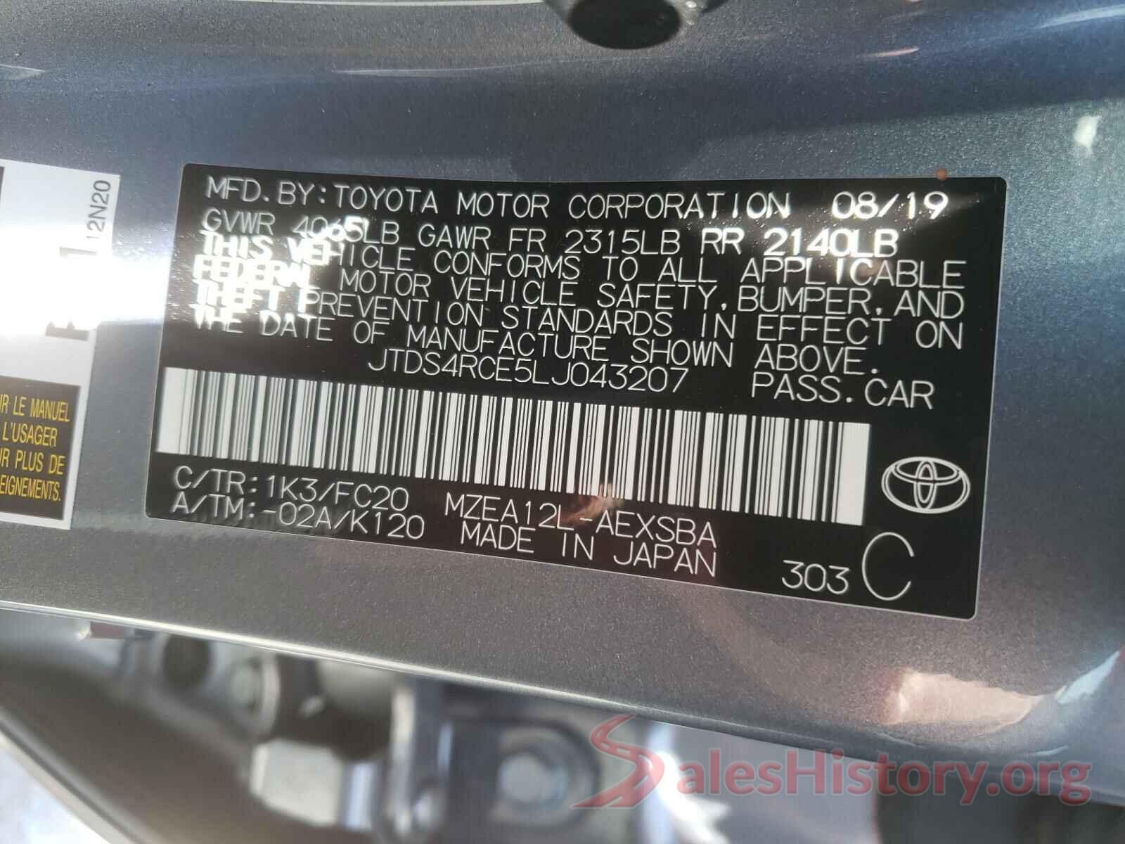 JTDS4RCE5LJ043207 2020 TOYOTA COROLLA