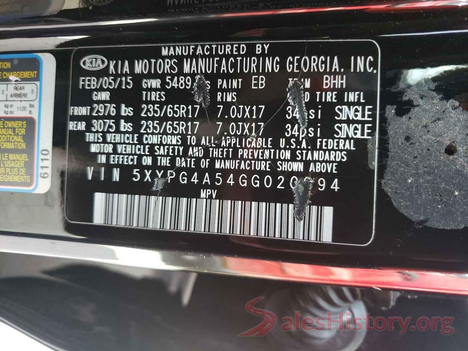 5XYPG4A54GG020994 2016 KIA SORENTO