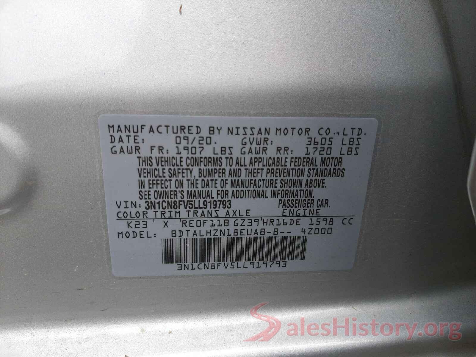 3N1CN8FV5LL919793 2020 NISSAN VERSA