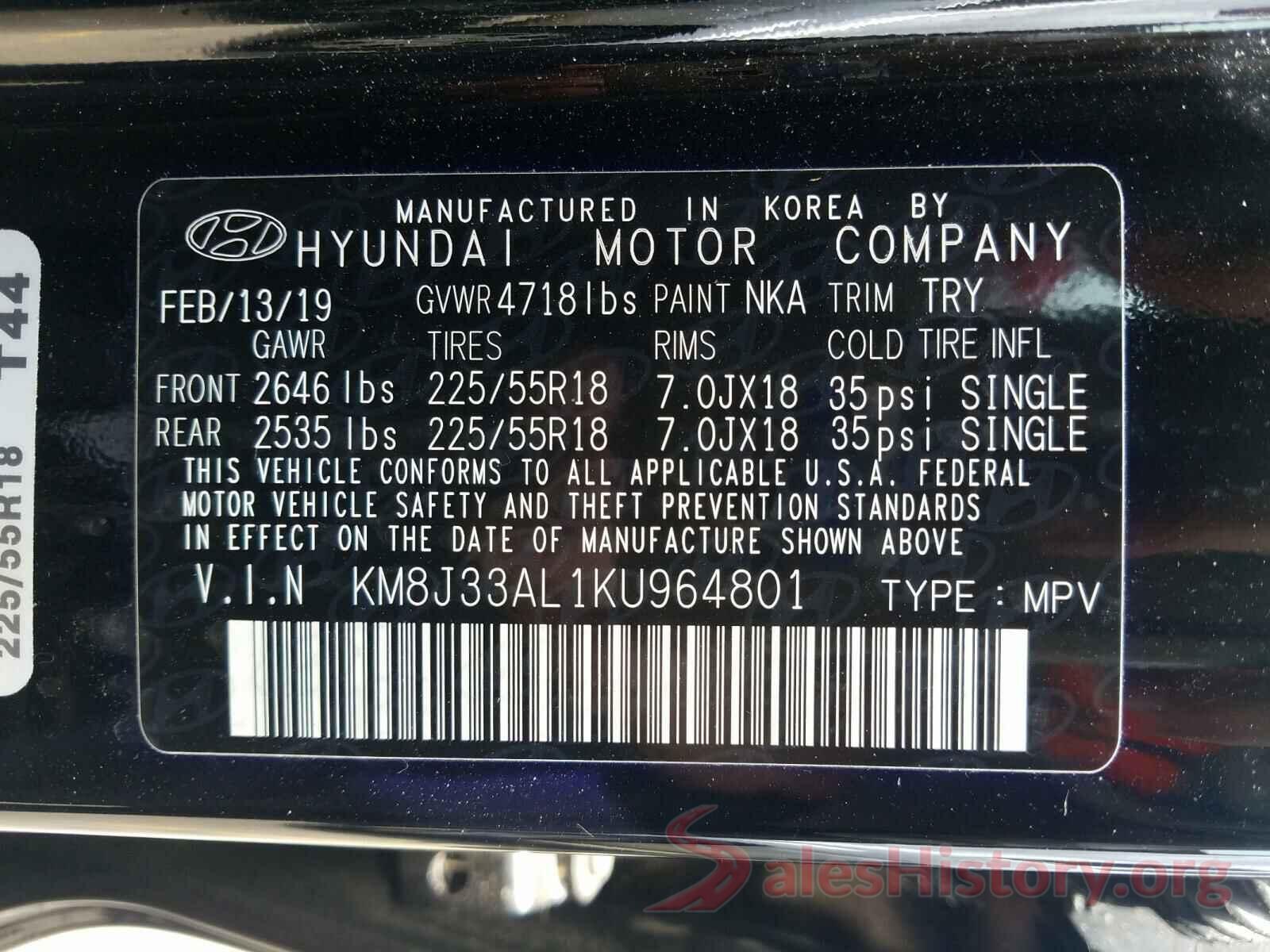 KM8J33AL1KU964801 2019 HYUNDAI TUCSON