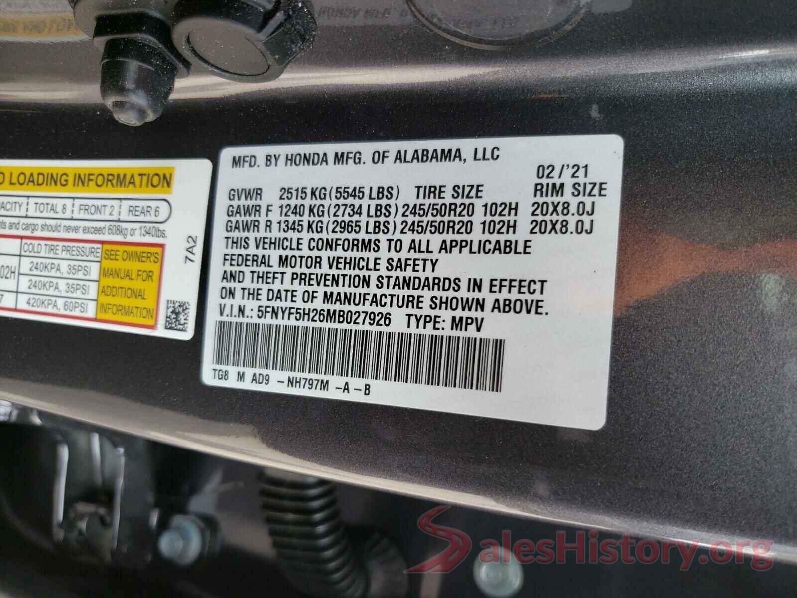 5FNYF5H26MB027926 2021 HONDA PILOT