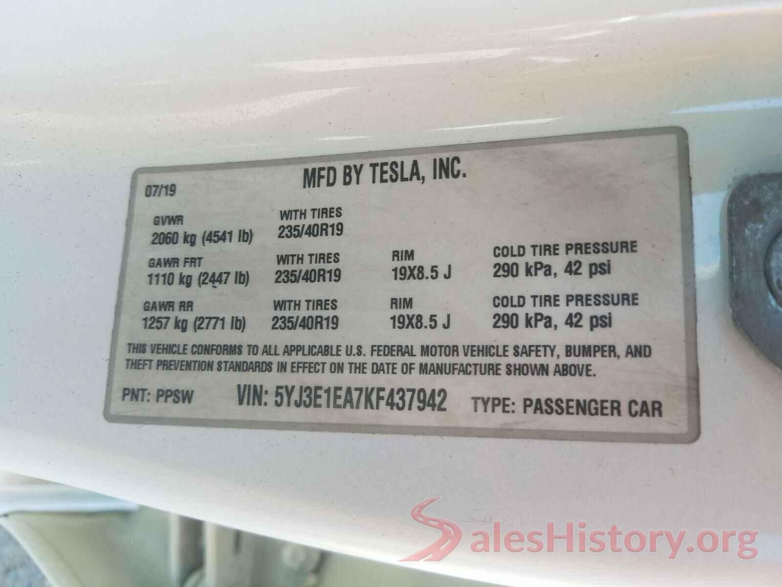 5YJ3E1EA7KF437942 2019 TESLA MODEL 3