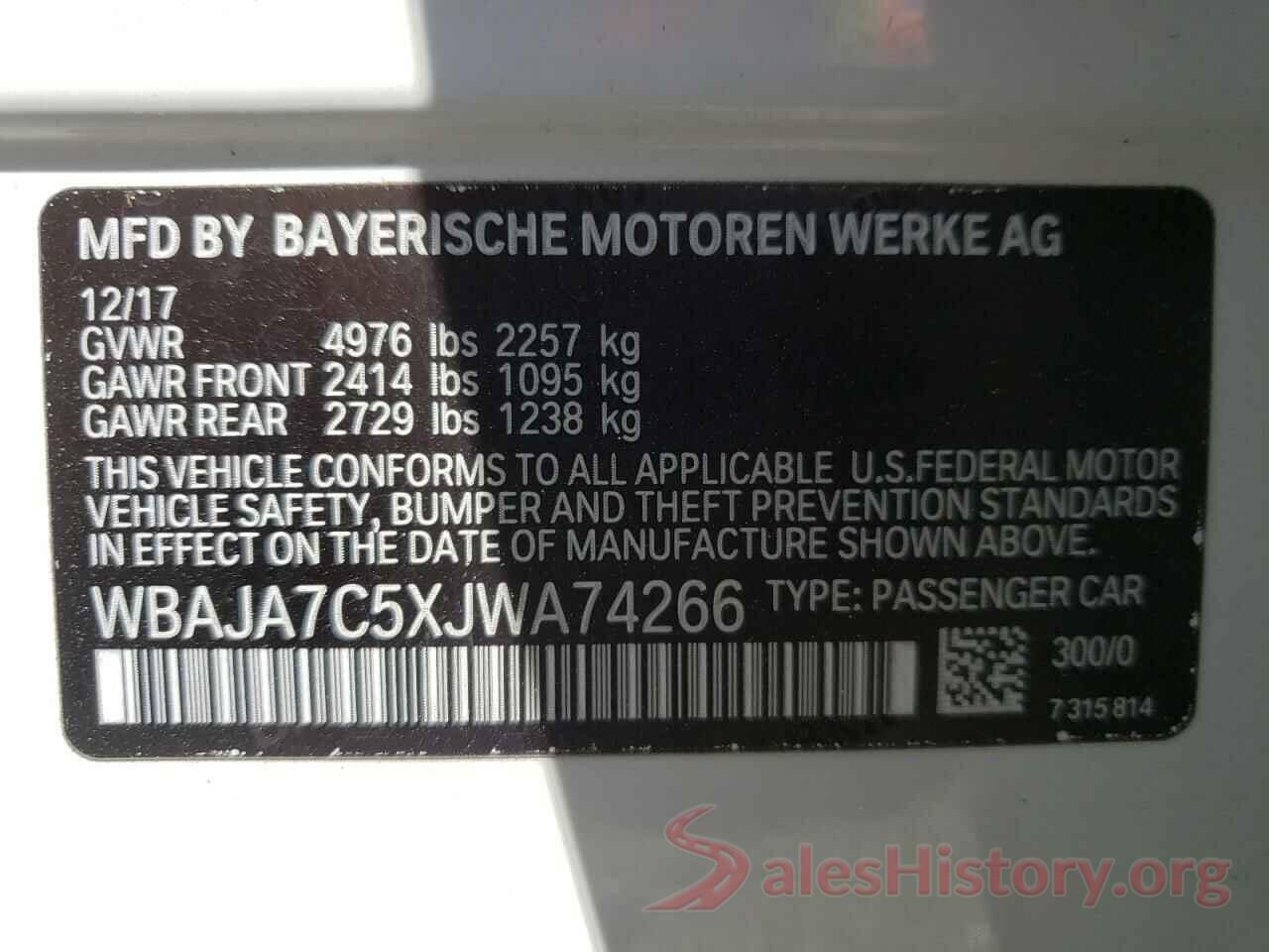 WBAJA7C5XJWA74266 2018 BMW 5 SERIES