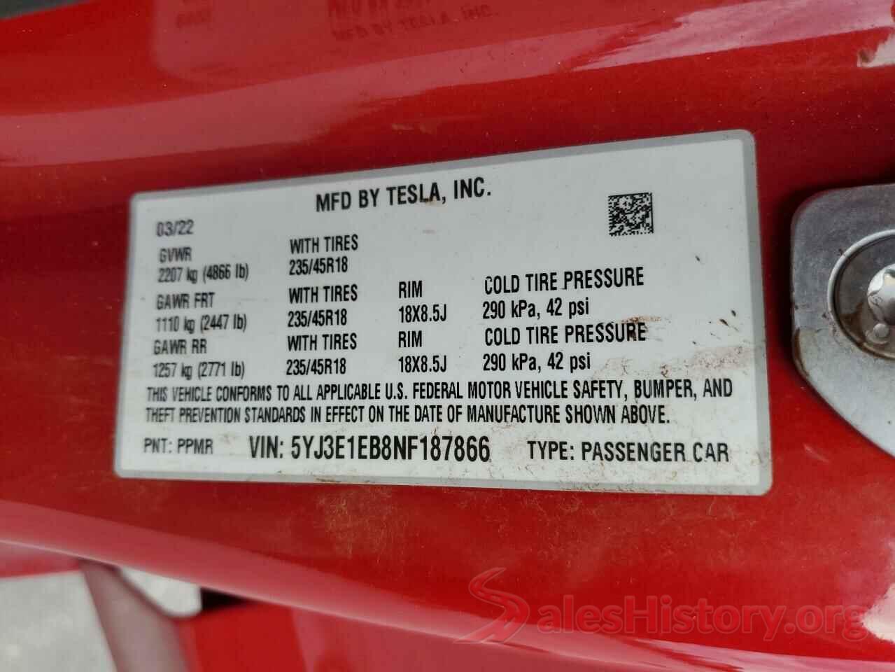 5YJ3E1EB8NF187866 2022 TESLA MODEL 3