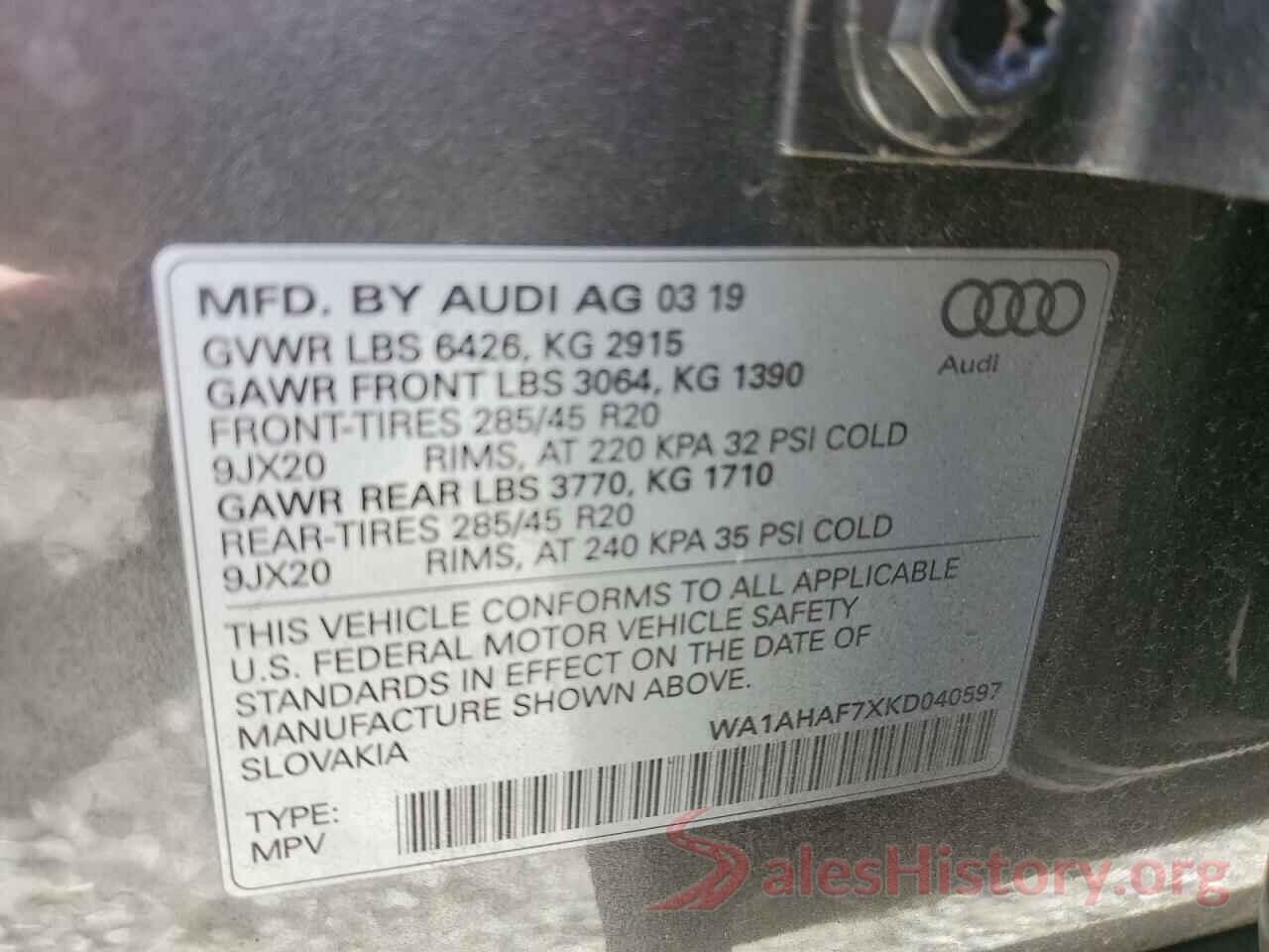 WA1AHAF7XKD040597 2019 AUDI Q7