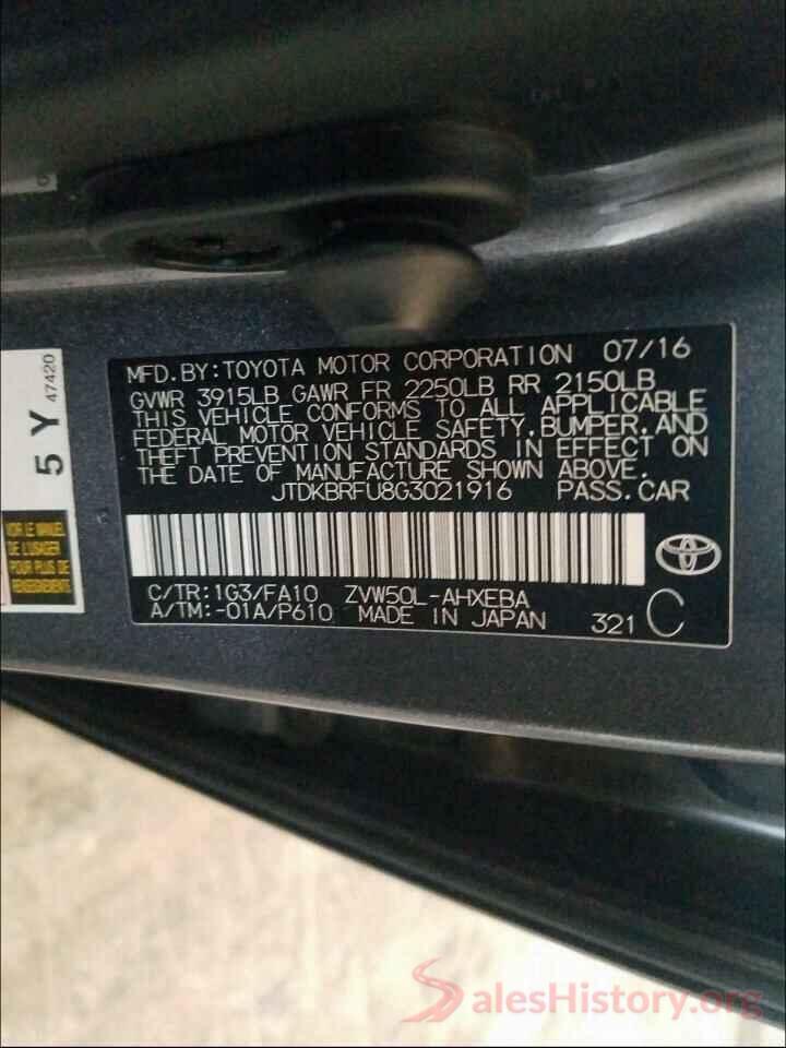 JTDKBRFU8G3021916 2016 TOYOTA PRIUS