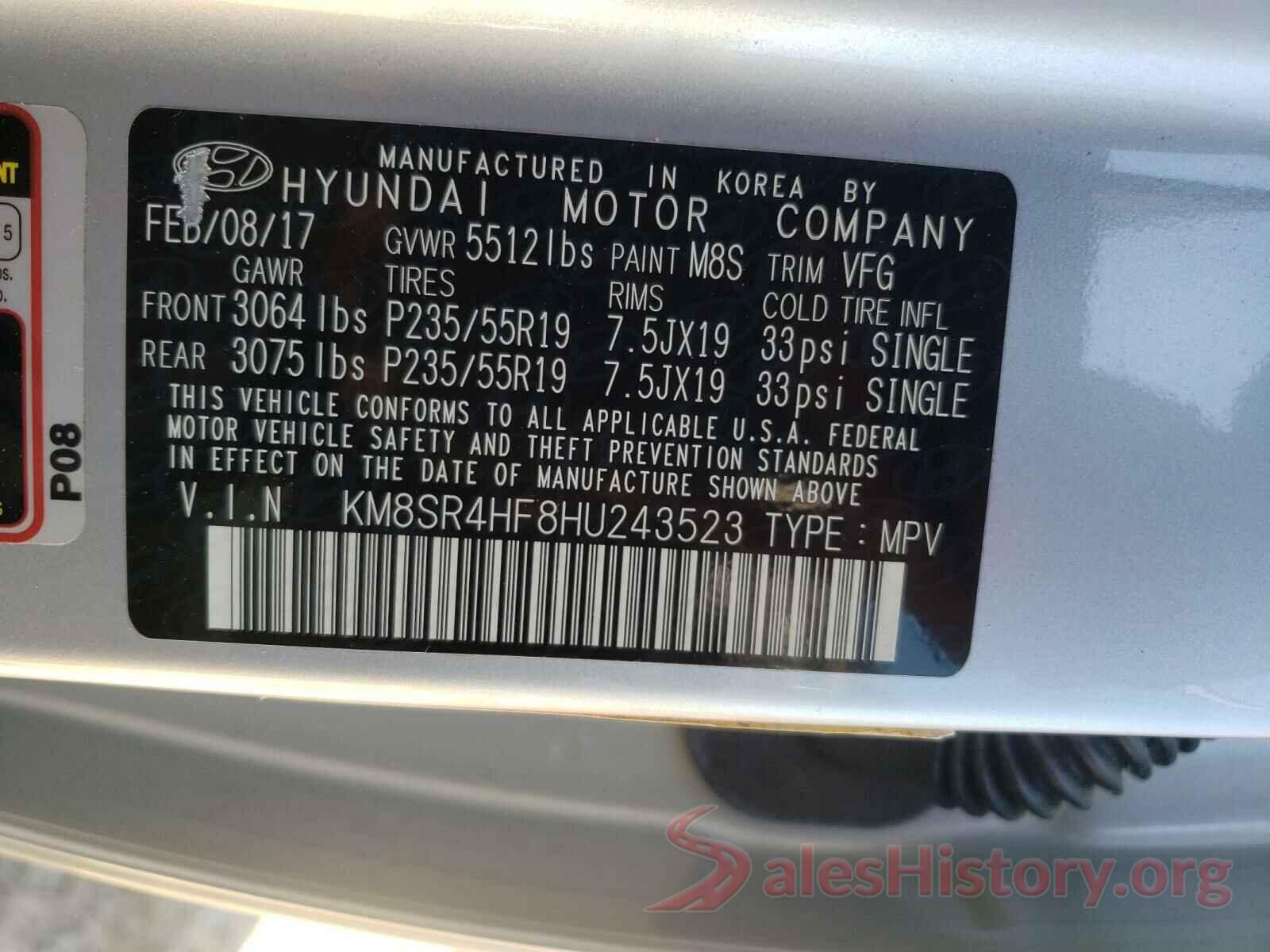 KM8SR4HF8HU243523 2017 HYUNDAI SANTA FE