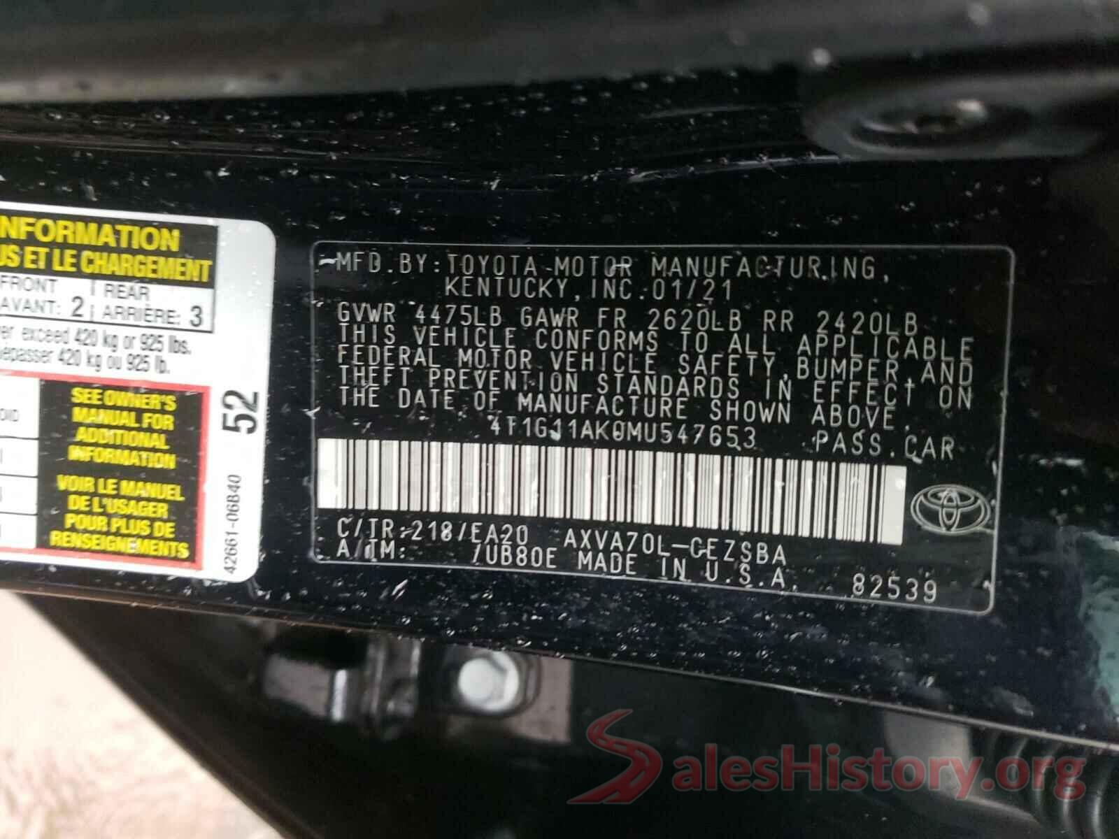 4T1G11AK0MU547653 2021 TOYOTA CAMRY