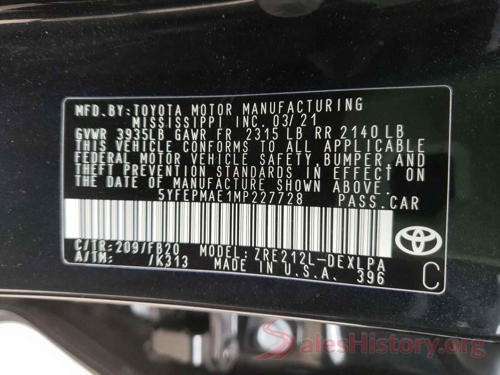 5YFEPMAE1MP227728 2021 TOYOTA COROLLA