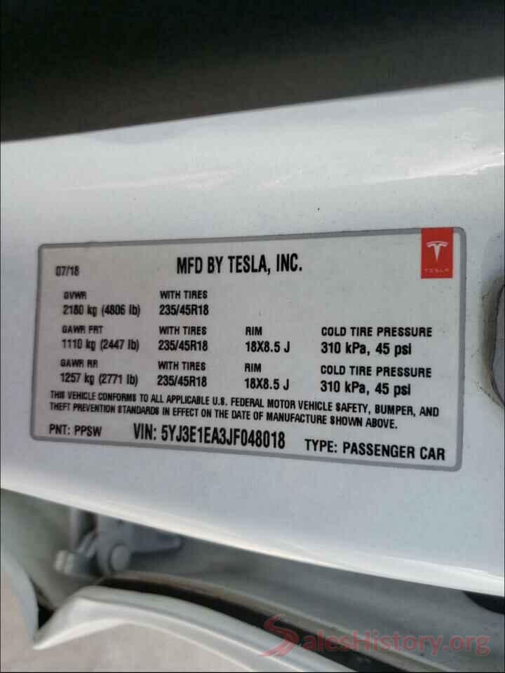 5YJ3E1EA3JF048018 2018 TESLA MODEL 3