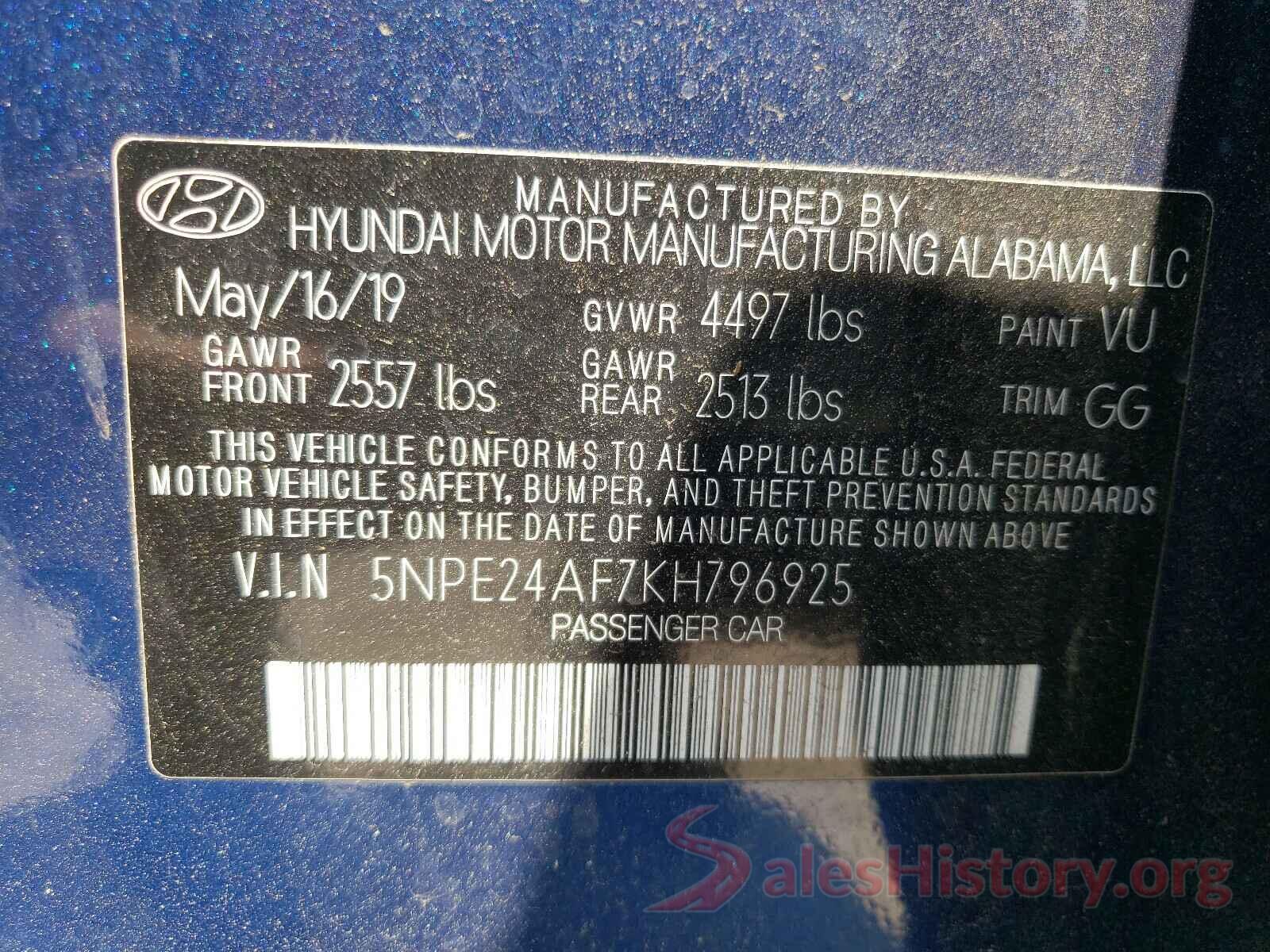 5NPE24AF7KH796925 2019 HYUNDAI SONATA