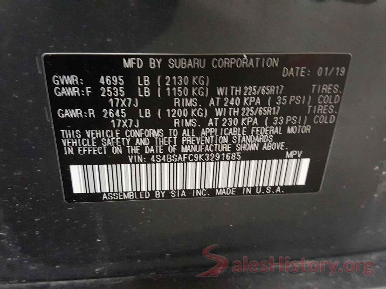 4S4BSAFC9K3291685 2019 SUBARU OUTBACK