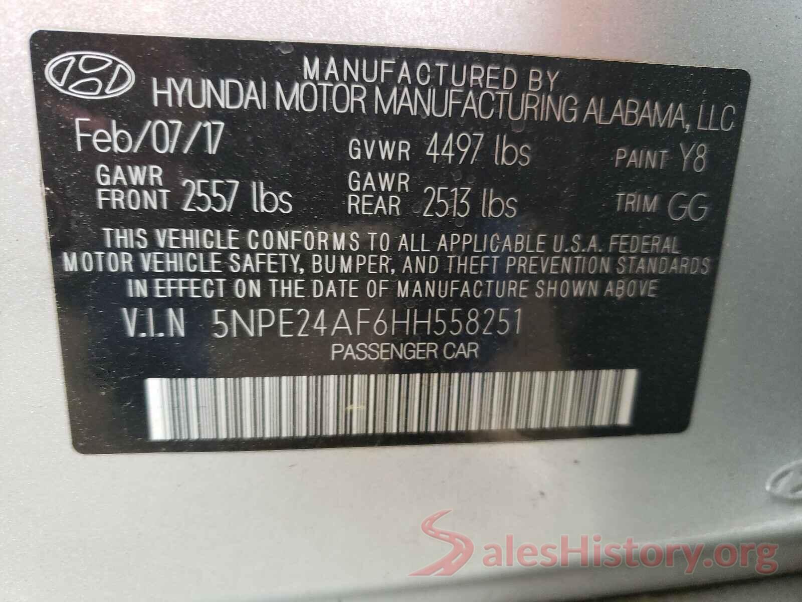 5NPE24AF6HH558251 2017 HYUNDAI SONATA