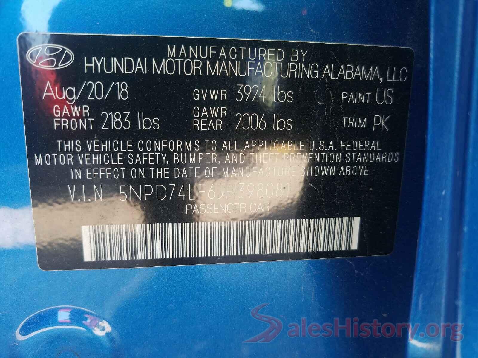 5NPD74LF6JH398081 2018 HYUNDAI ELANTRA