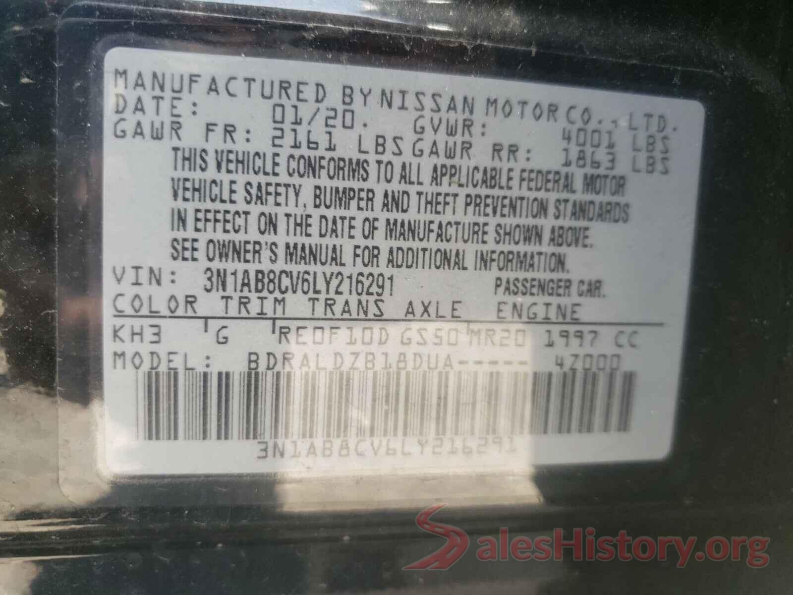 3N1AB8CV6LY216291 2020 NISSAN SENTRA