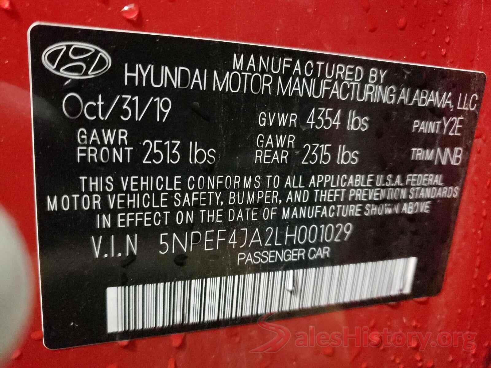 5NPEF4JA2LH001029 2020 HYUNDAI SONATA