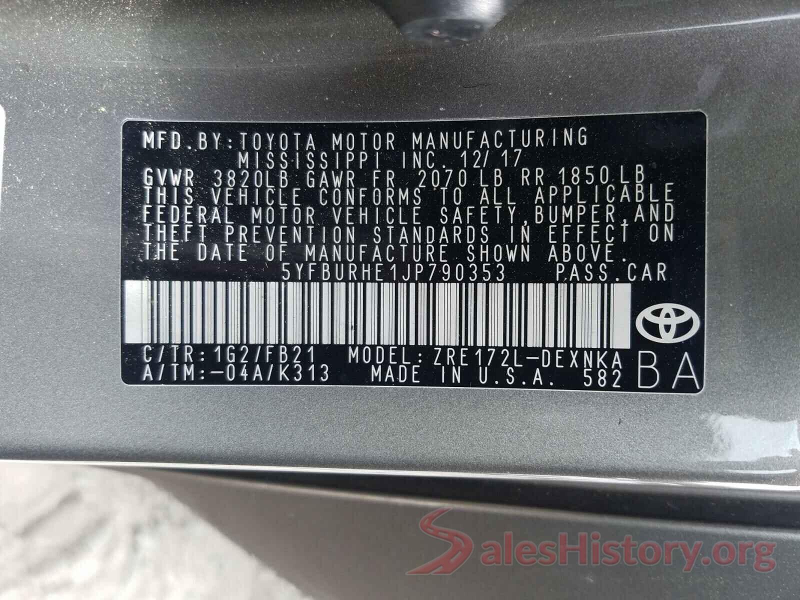 5YFBURHE1JP790353 2018 TOYOTA COROLLA