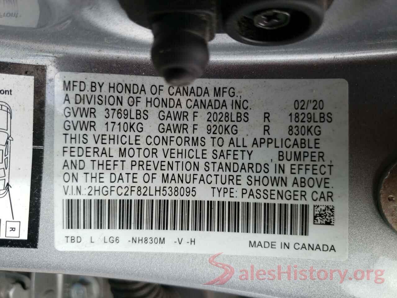 2HGFC2F82LH538095 2020 HONDA CIVIC