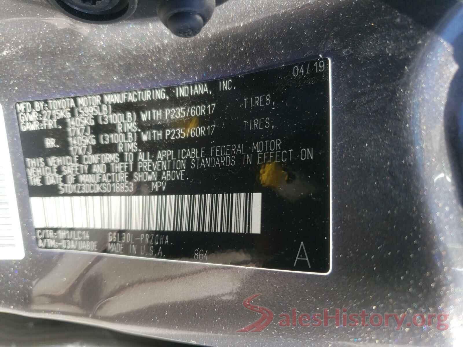 5TDYZ3DC0KS018853 2019 TOYOTA SIENNA