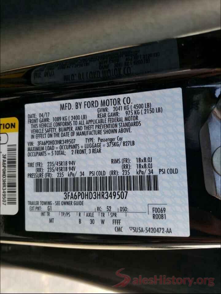 3FA6P0HD3HR349507 2017 FORD FUSION