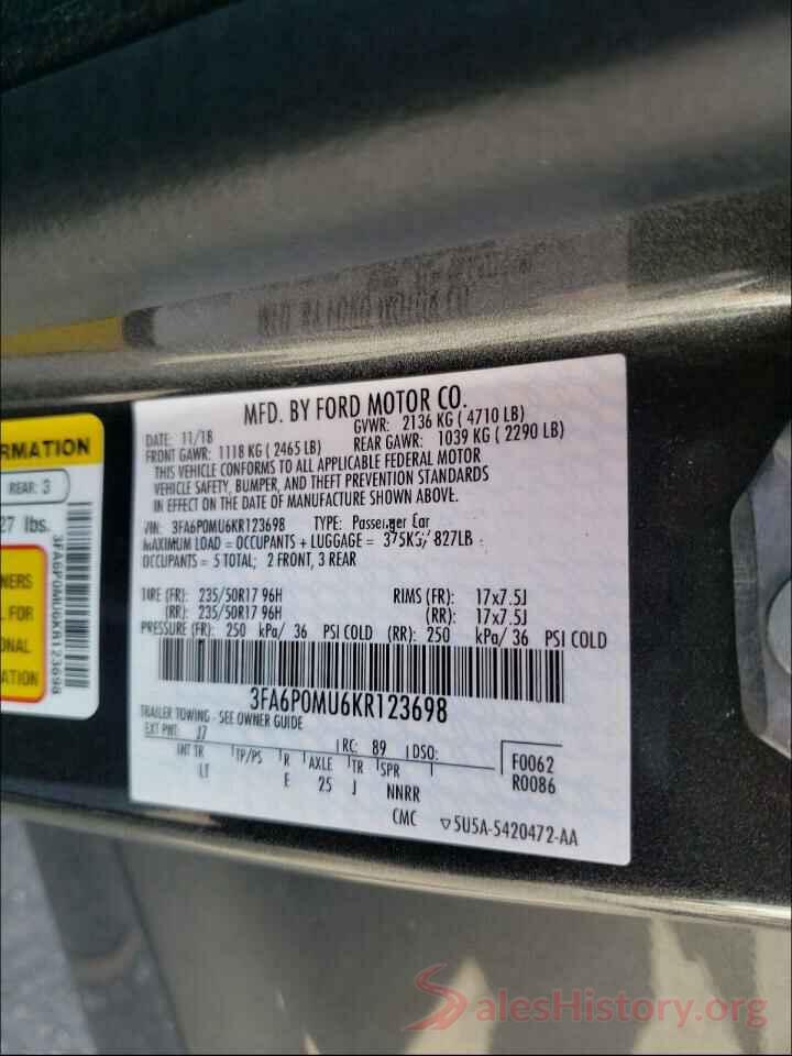 3FA6P0MU6KR123698 2019 FORD FUSION