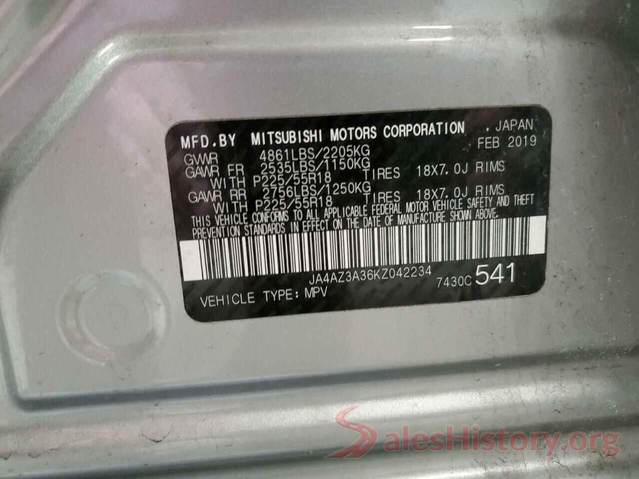 JA4AZ3A36KZ042234 2019 MITSUBISHI OUTLANDER