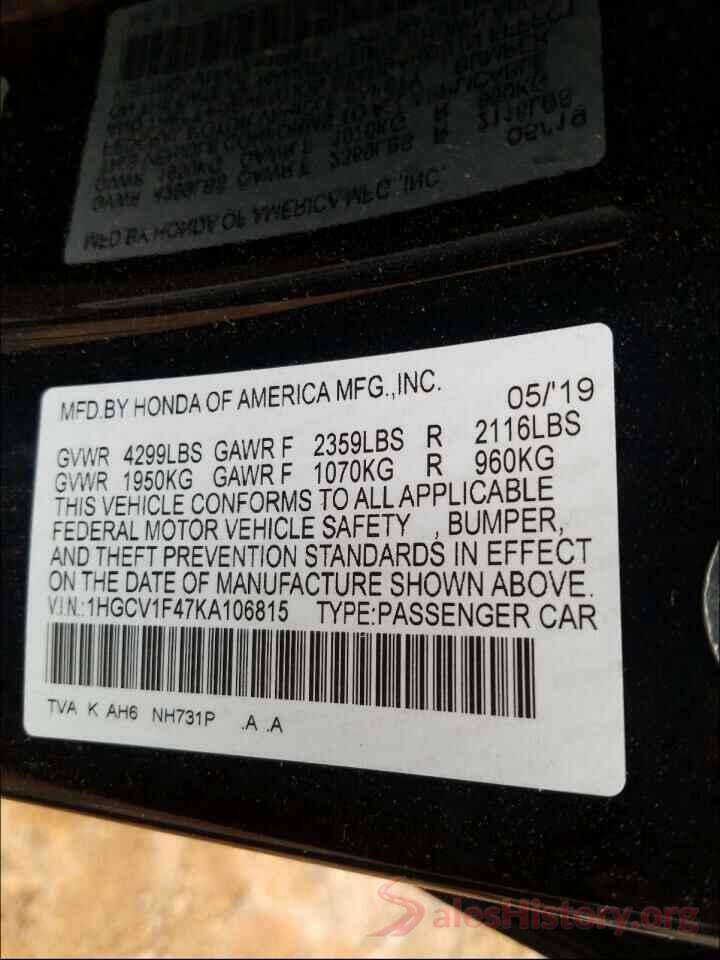 1HGCV1F47KA106815 2019 HONDA ACCORD