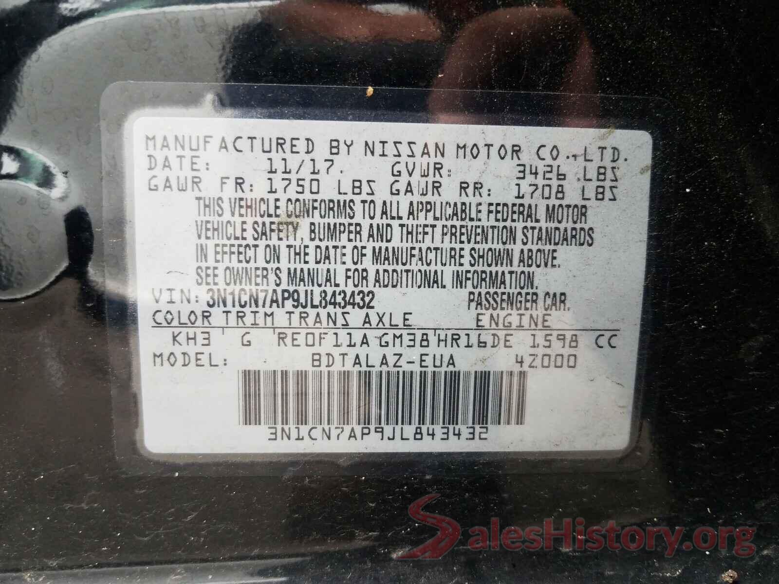 3N1CN7AP9JL843432 2018 NISSAN VERSA