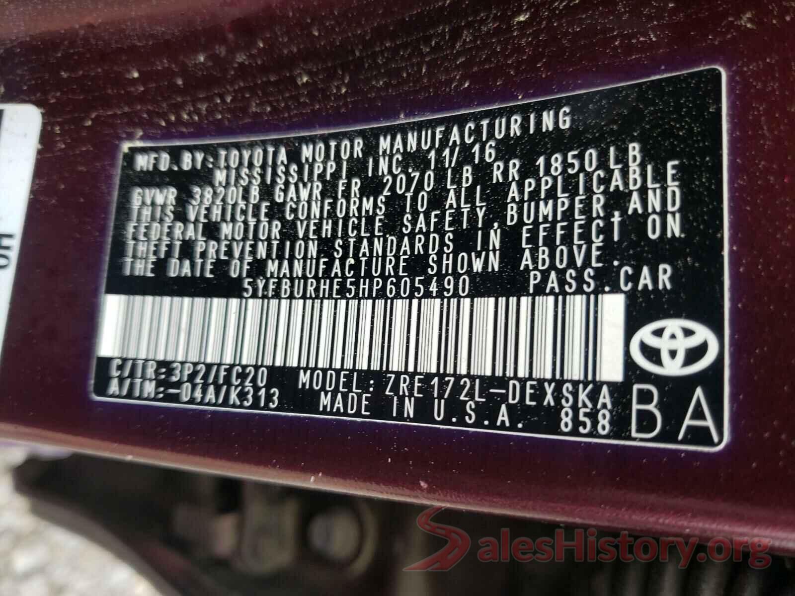 5YFBURHE5HP605490 2017 TOYOTA COROLLA