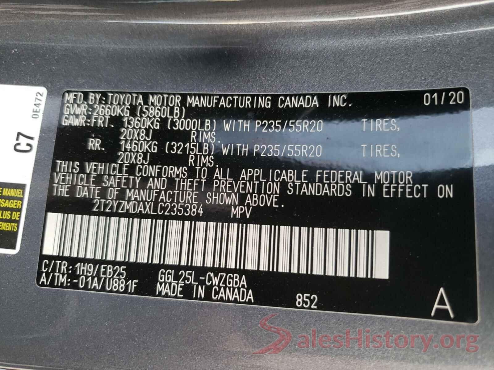 2T2YZMDAXLC235384 2020 LEXUS RX350