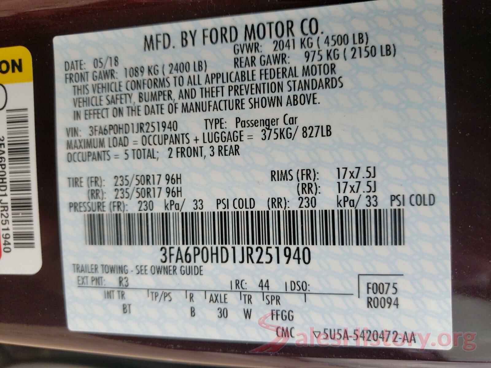 3FA6P0HD1JR251940 2018 FORD FUSION