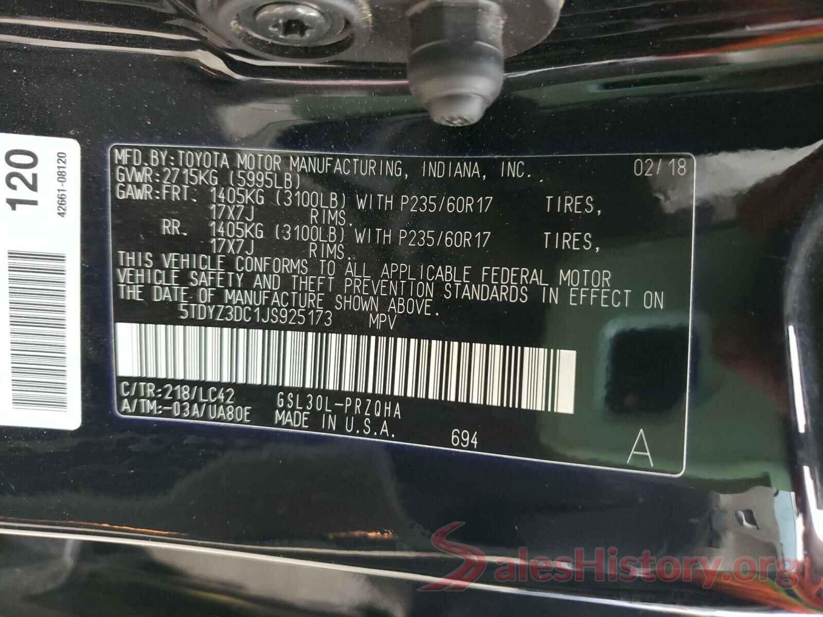 5TDYZ3DC1JS925173 2018 TOYOTA SIENNA