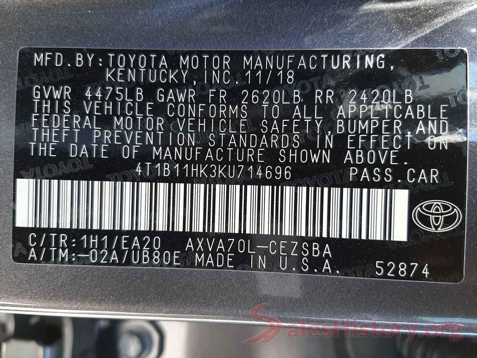 4T1B11HK3KU714696 2019 TOYOTA CAMRY