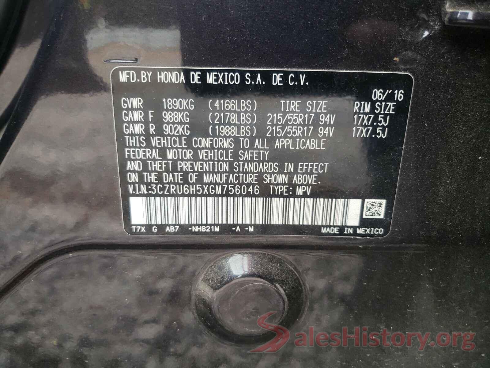 3CZRU6H5XGM756046 2016 HONDA HR-V