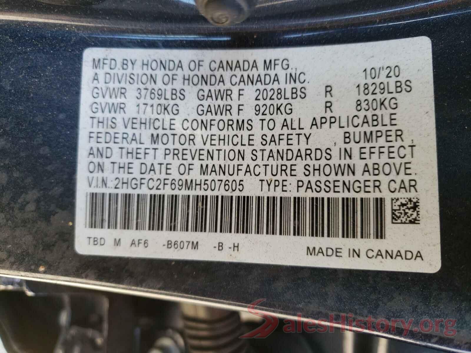 2HGFC2F69MH507605 2021 HONDA CIVIC