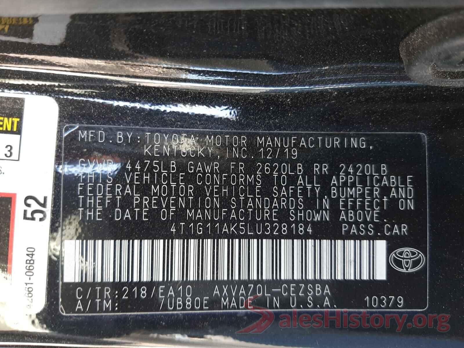 4T1G11AK5LU328184 2020 TOYOTA CAMRY