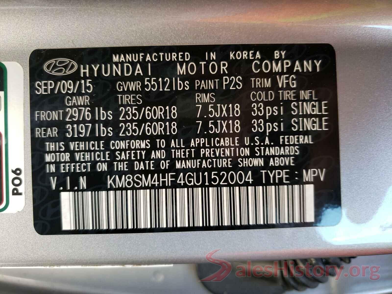 KM8SM4HF4GU152004 2016 HYUNDAI SANTA FE