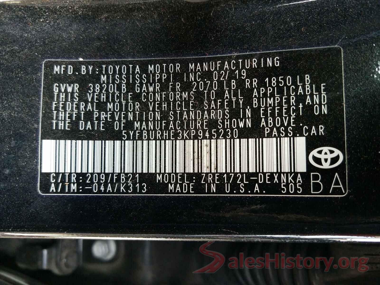 5YFBURHE3KP945230 2019 TOYOTA COROLLA