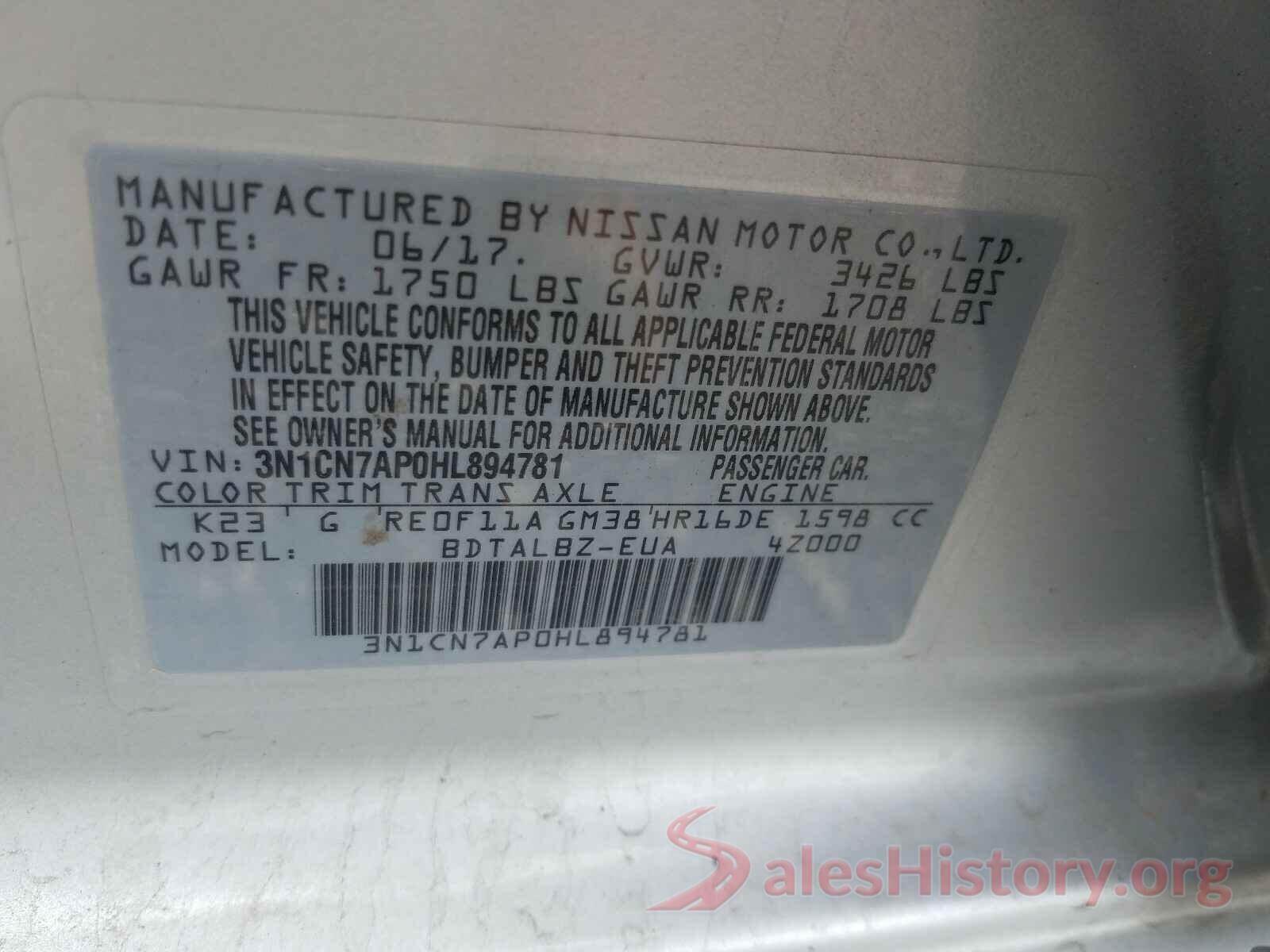 3N1CN7AP0HL894781 2017 NISSAN VERSA