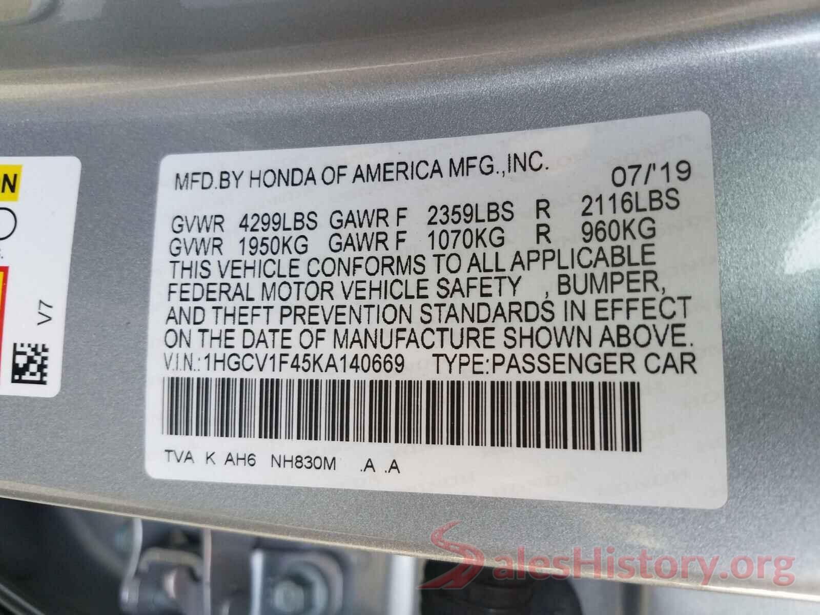 1HGCV1F45KA140669 2019 HONDA ACCORD