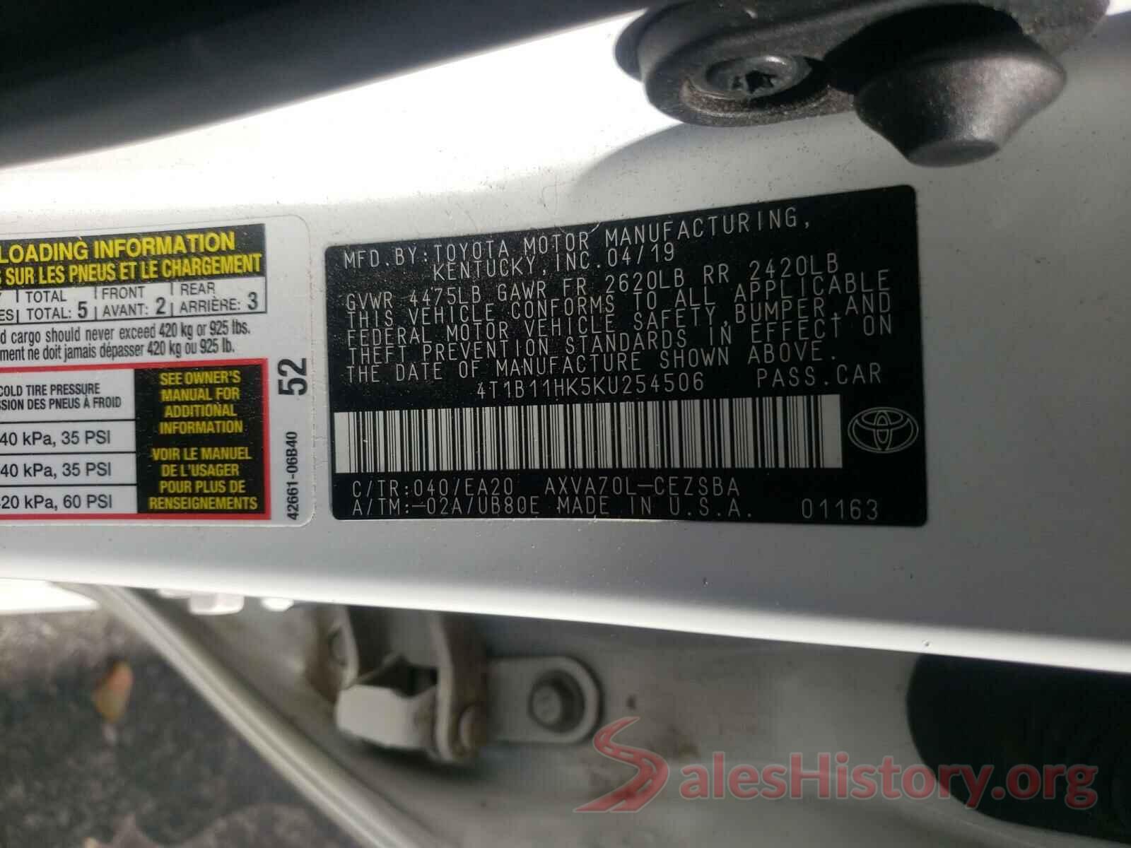 4T1B11HK5KU254506 2019 TOYOTA CAMRY