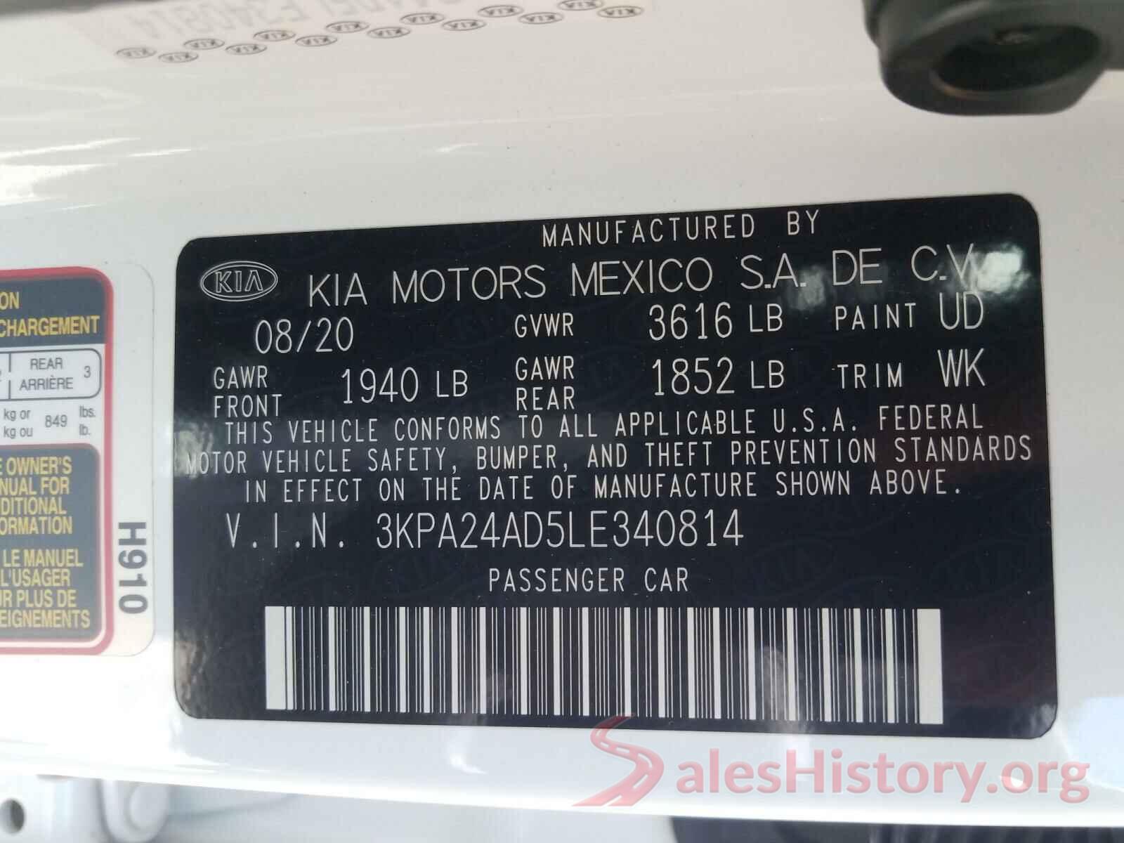 3KPA24AD5LE340814 2020 KIA RIO