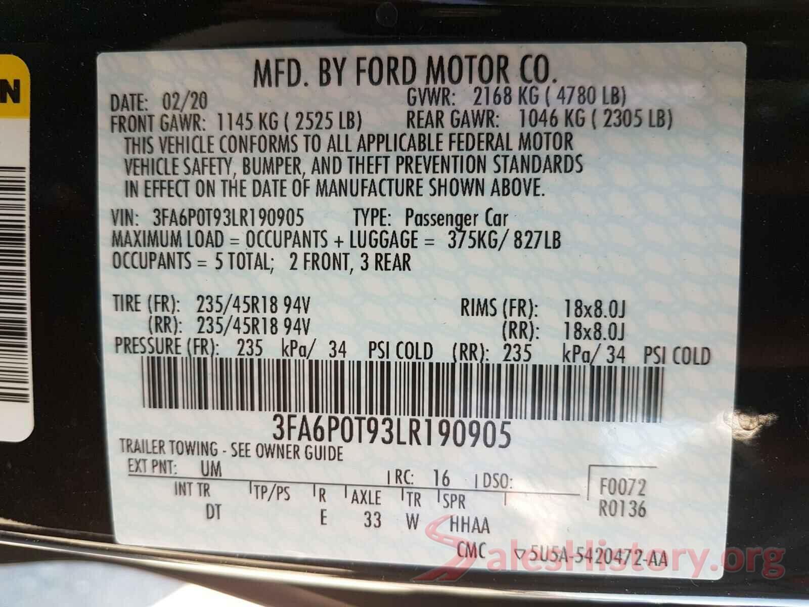 3FA6P0T93LR190905 2020 FORD FUSION