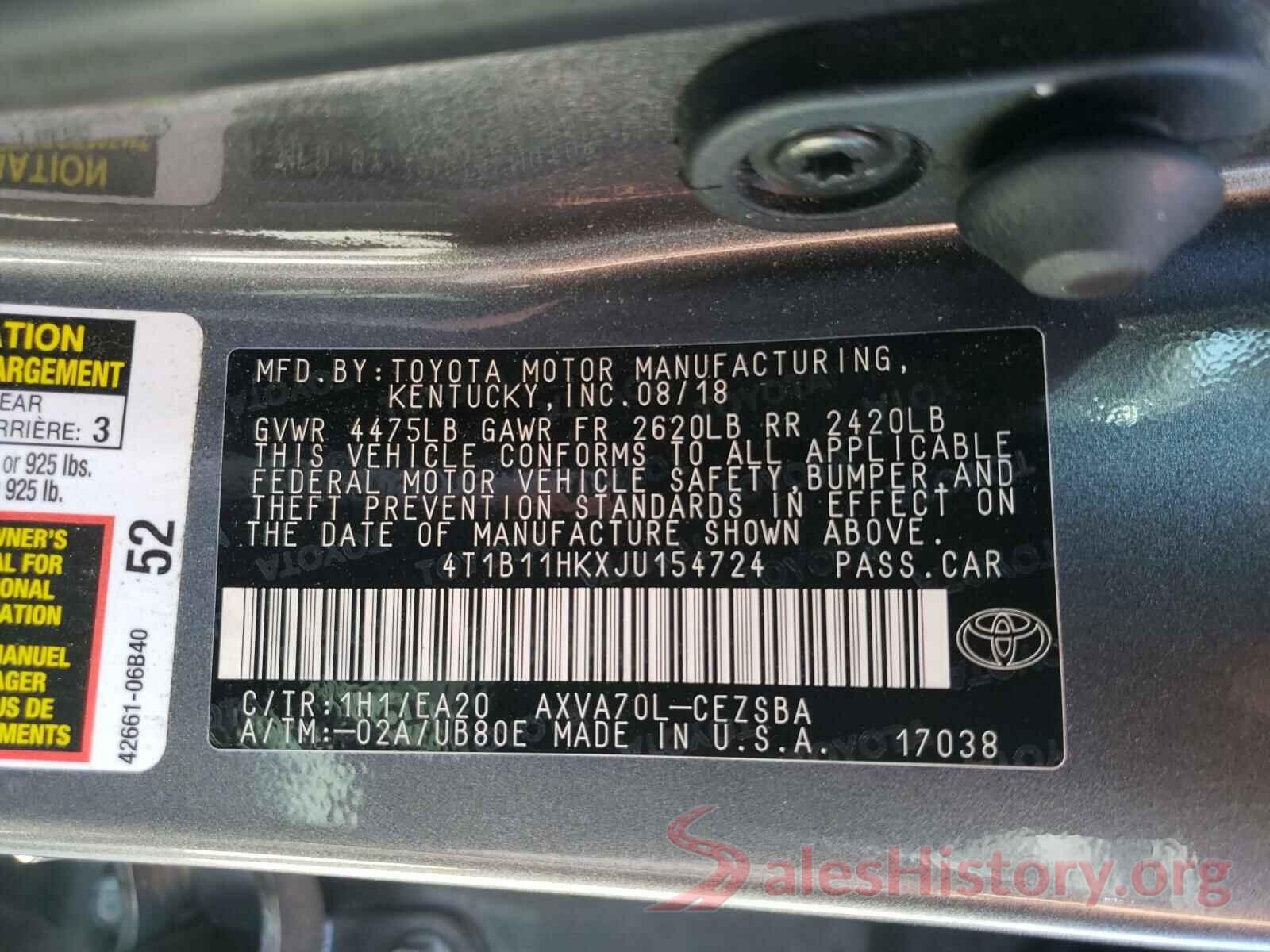 4T1B11HKXJU154724 2018 TOYOTA CAMRY