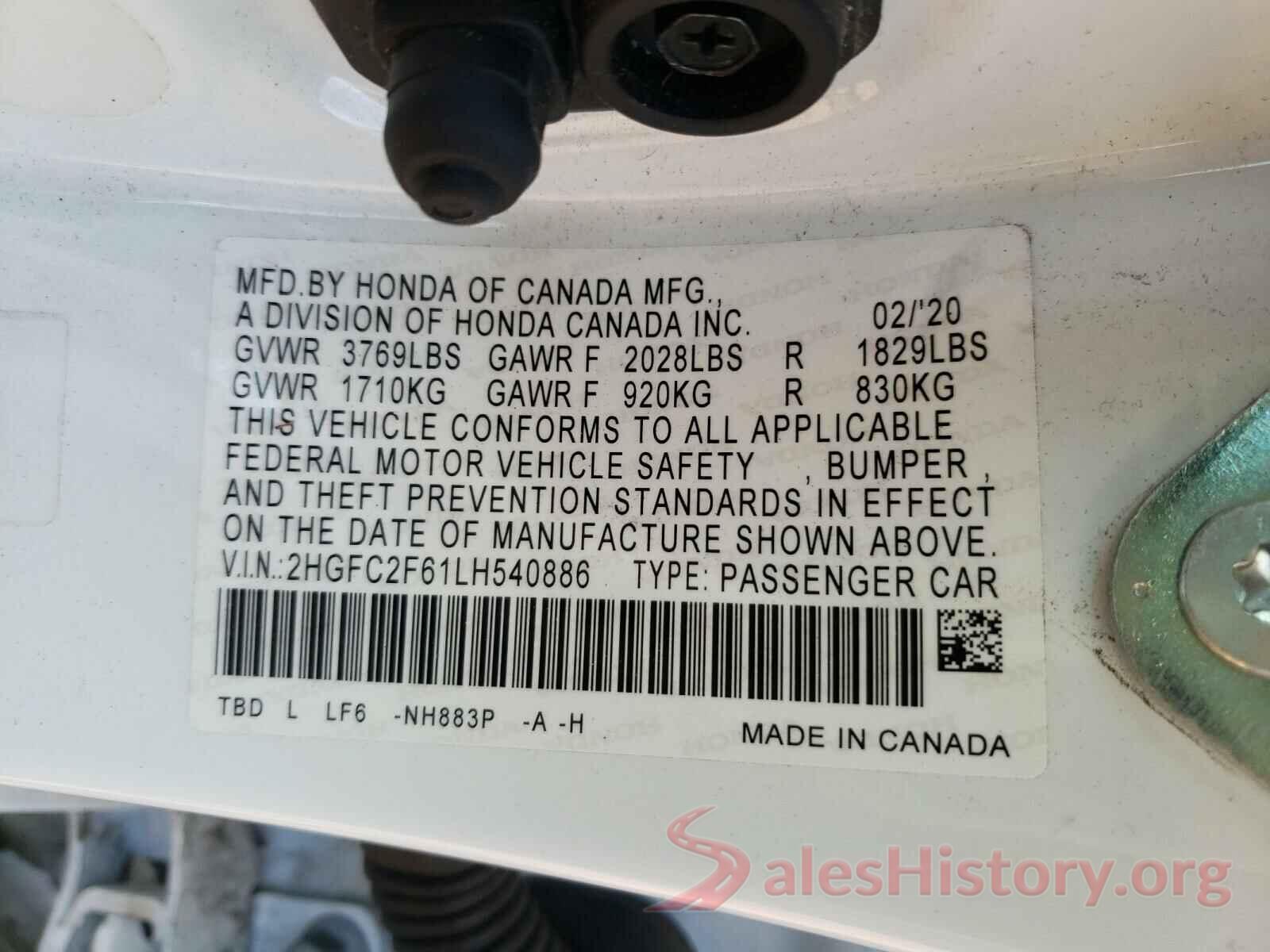 2HGFC2F61LH540886 2020 HONDA CIVIC