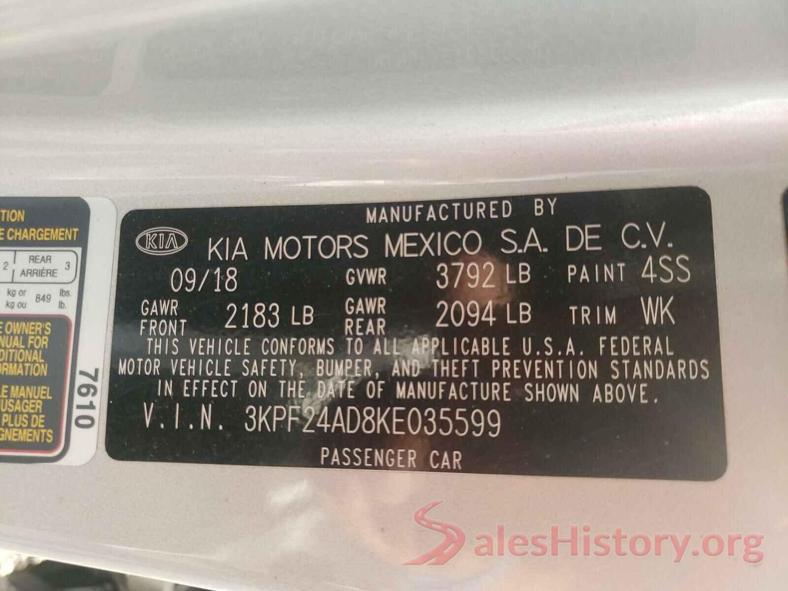 3KPF24AD8KE035599 2019 KIA FORTE