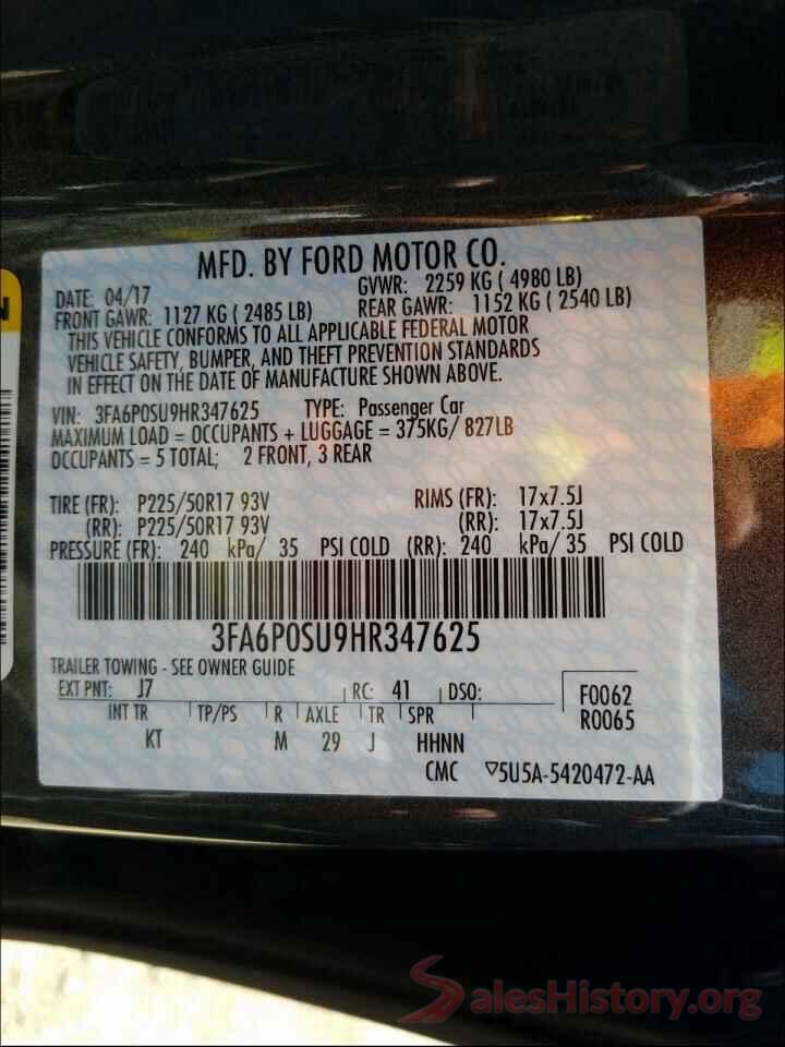 3FA6P0SU9HR347625 2017 FORD FUSION