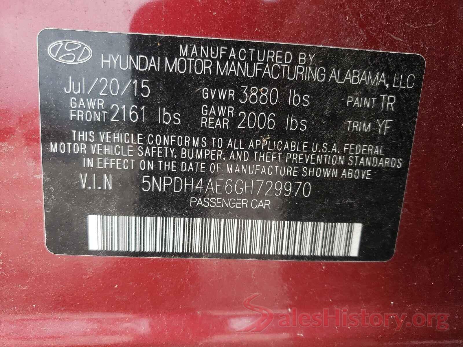 5NPDH4AE6GH729970 2016 HYUNDAI ELANTRA